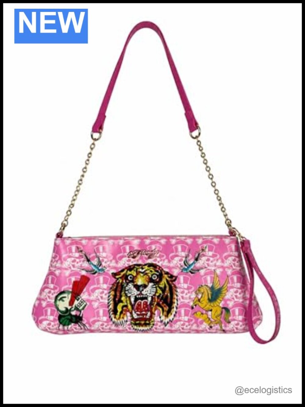 Tattoo Print Baguette Chain Shoulder Bag Wristlet Clutch with Skull Motif